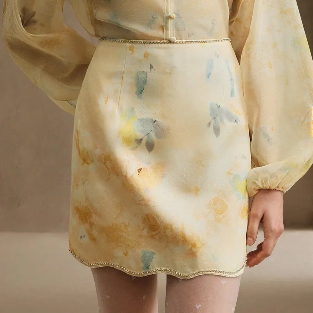 Yellow Elegant Women's French Floral Print High Waist Skirt